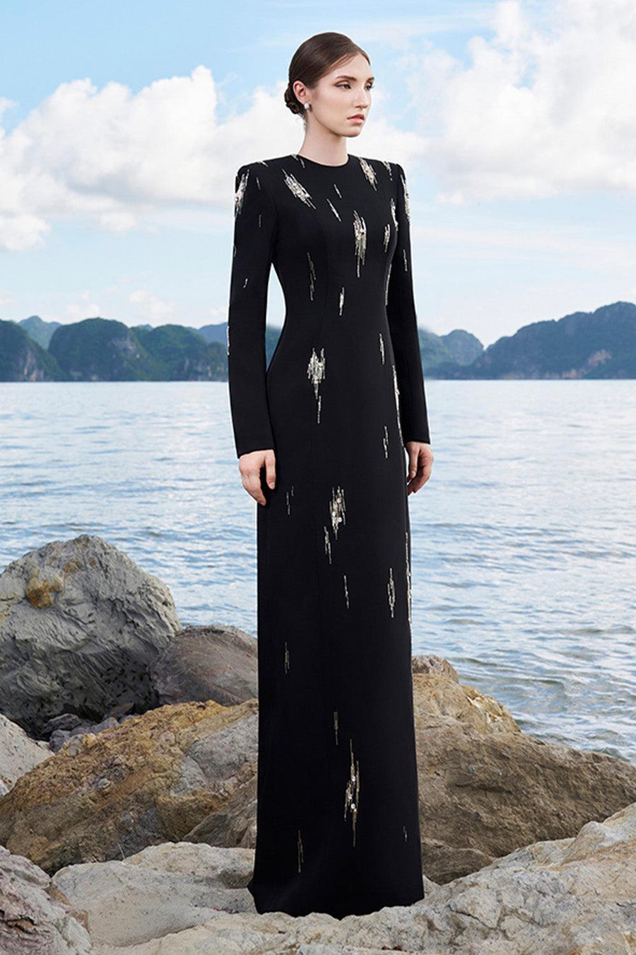Ismael Sheath Stone Velvet Satin Floor Length Dress 6