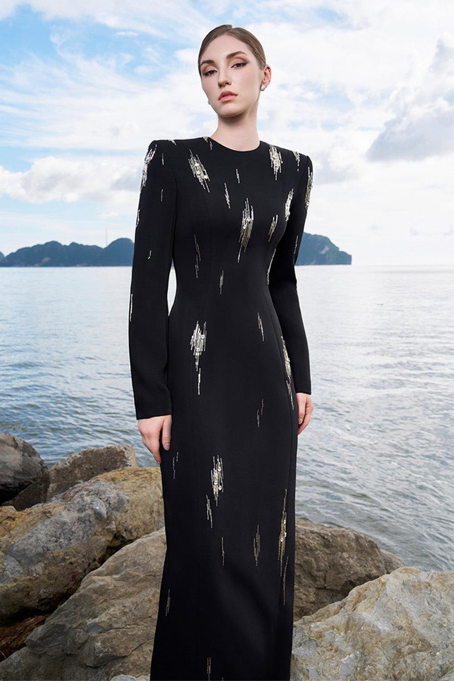 Ismael Sheath Stone Velvet Satin Floor Length Dress 3