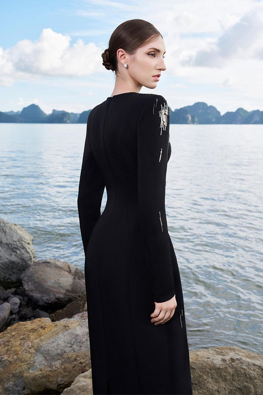 Ismael Sheath Stone Velvet Satin Floor Length Dress 5