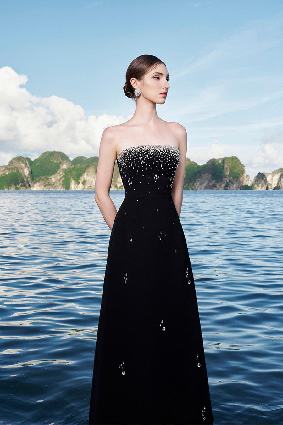 Ermias A-line Straight Across Neck Velvet Satin Floor Length Dress 2