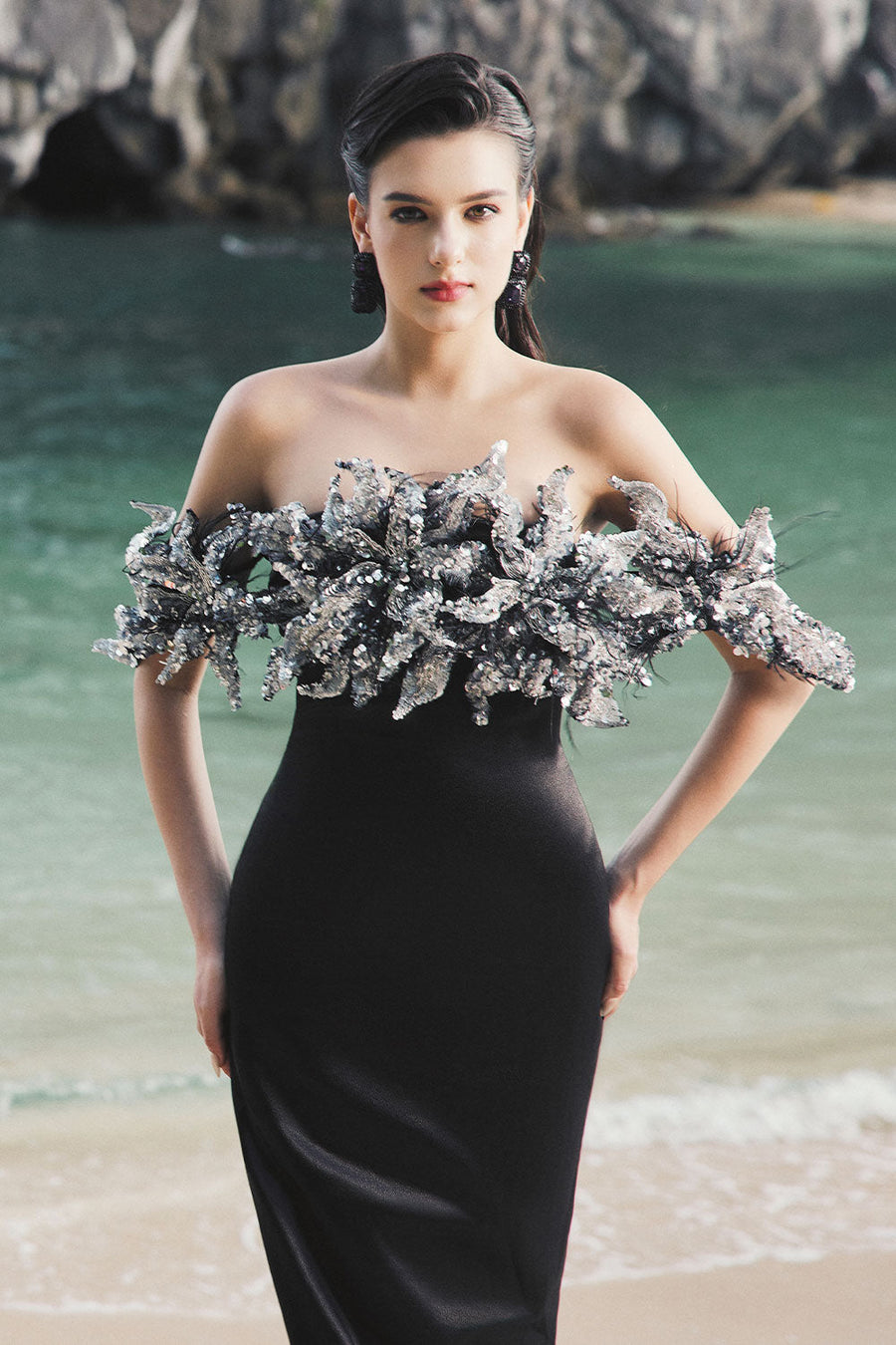 Nicole Trumpet Off-Shoulder Silk Extra Long Length Dress 4