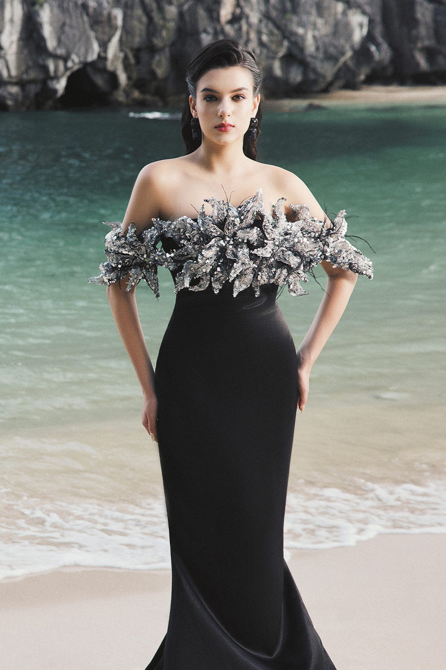Nicole Trumpet Off-Shoulder Silk Extra Long Length Dress 5