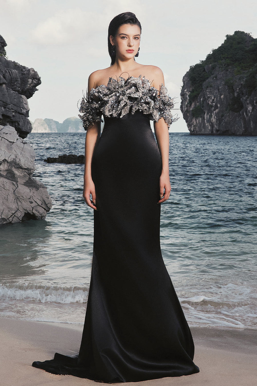 Nicole Trumpet Off-Shoulder Silk Extra Long Length Dress 1