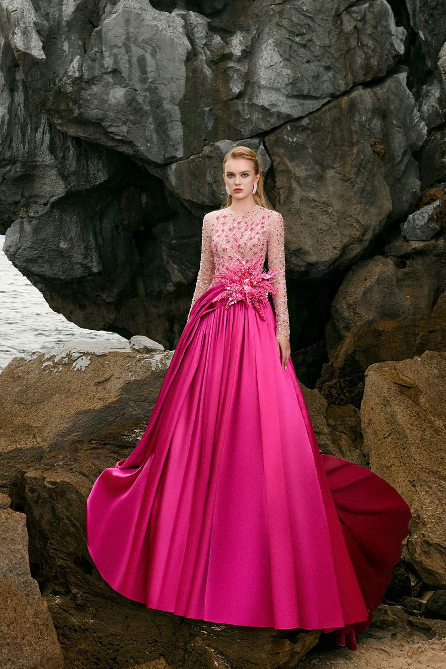 Zoe Ball Gown Sequin Duchess Satin Extra Long Length Dress 11