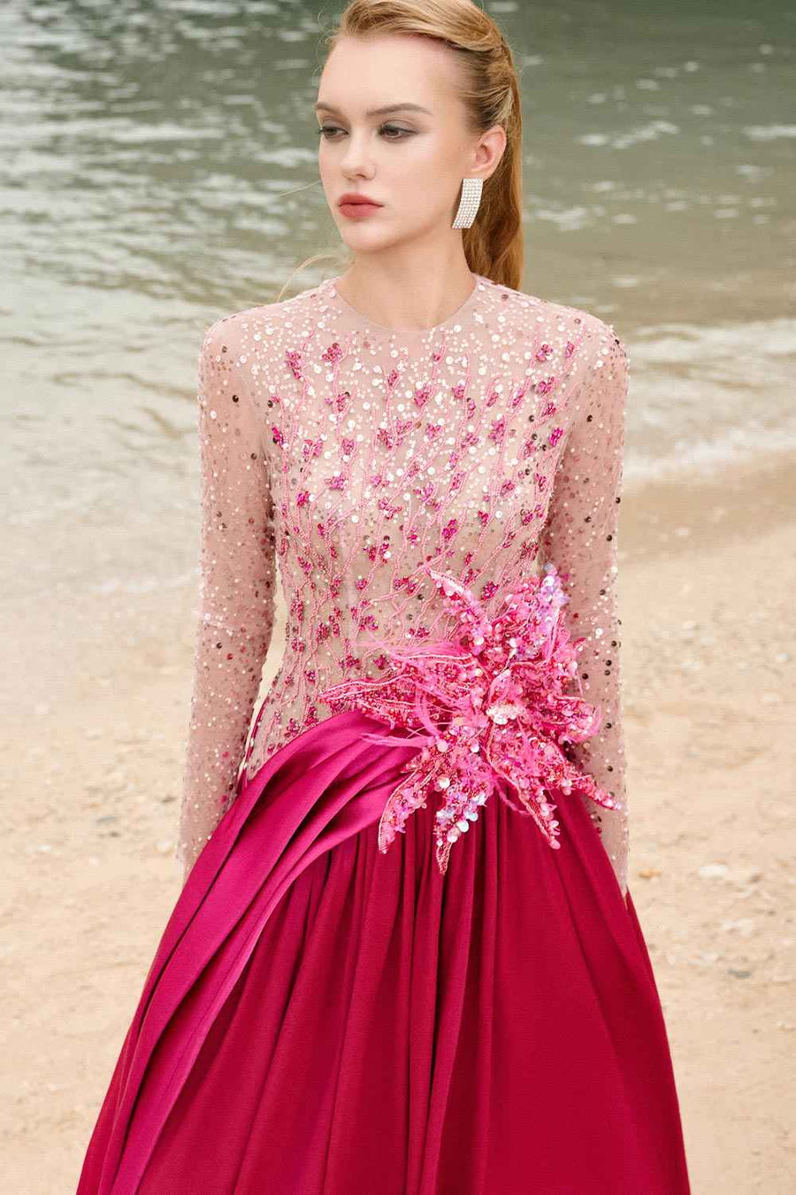 Zoe Ball Gown Sequin Duchess Satin Extra Long Length Dress