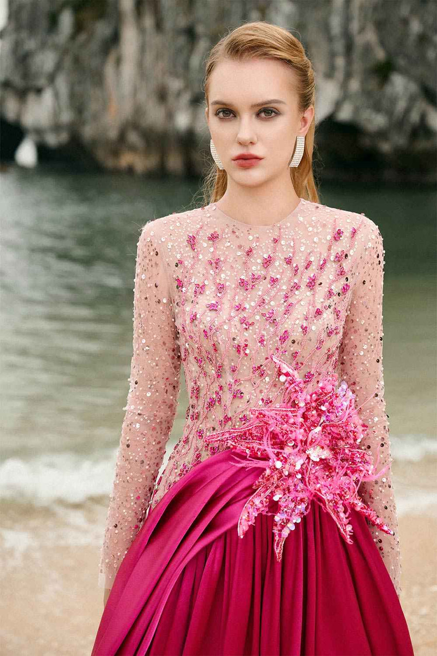 Zoe Ball Gown Sequin Duchess Satin Extra Long Length Dress