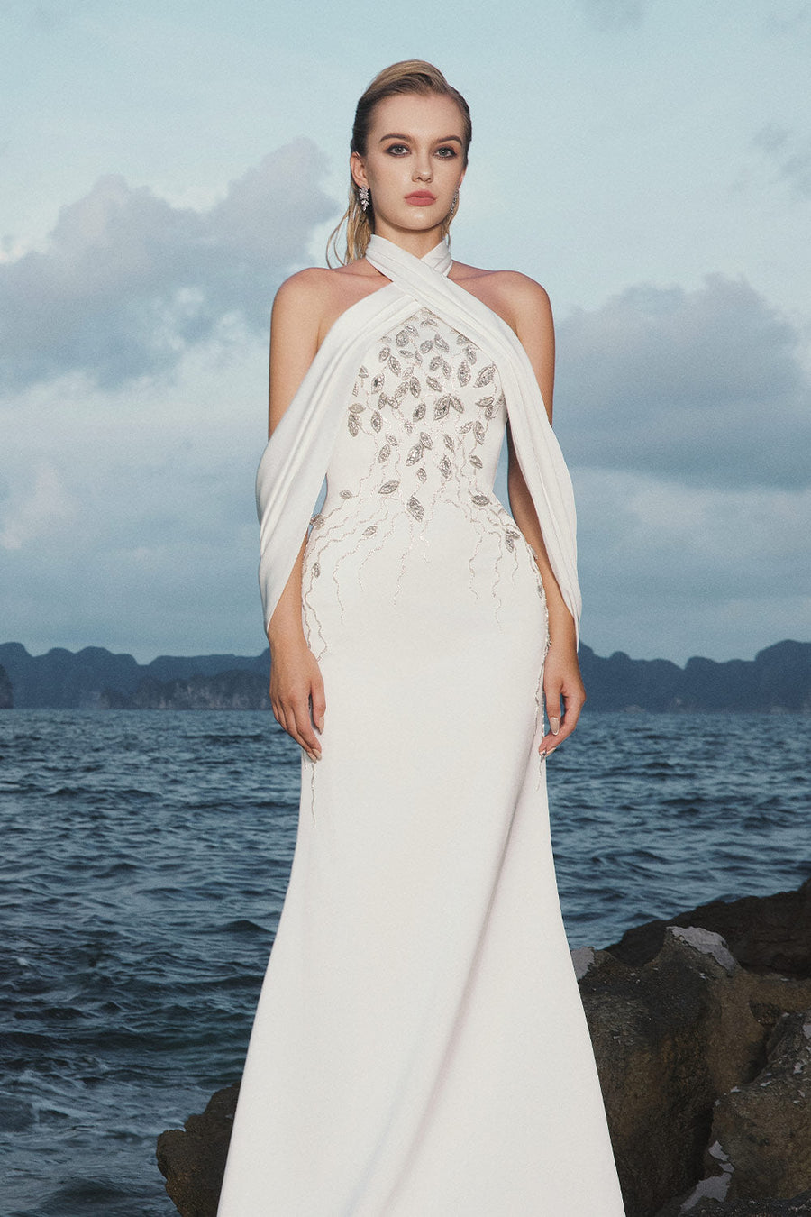 Nadia Halter Open Shoulder Silk Floor Length Dress 2