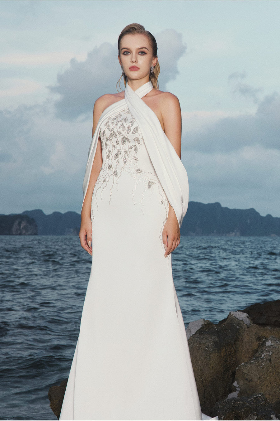 Nadia Halter Open Shoulder Silk Floor Length Dress 3