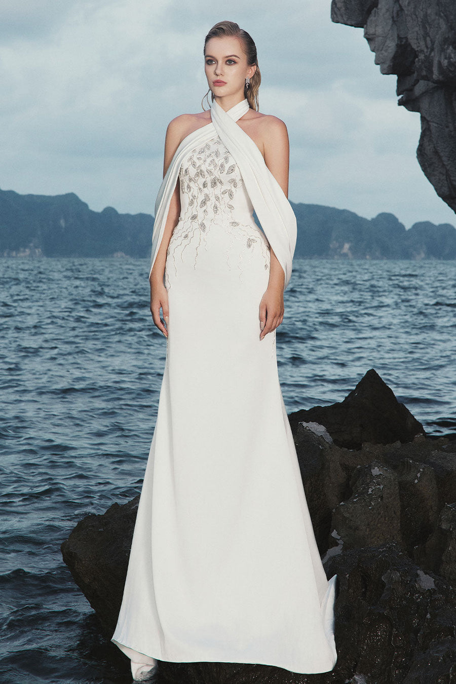 Nadia Halter Open Shoulder Silk Floor Length Dress 1