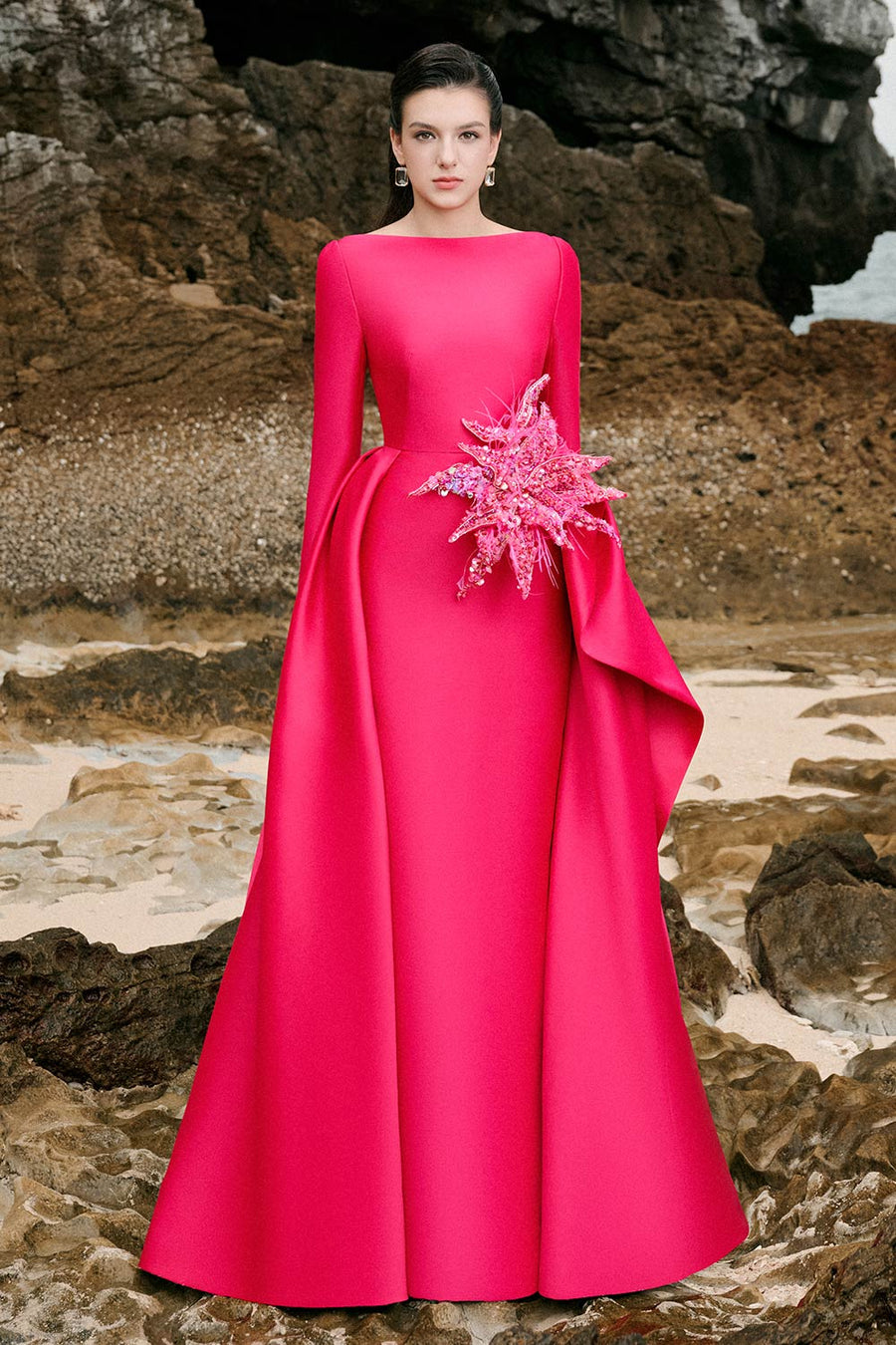 Nyla A-line Boat Neck Taffeta Floor Length Dress 6