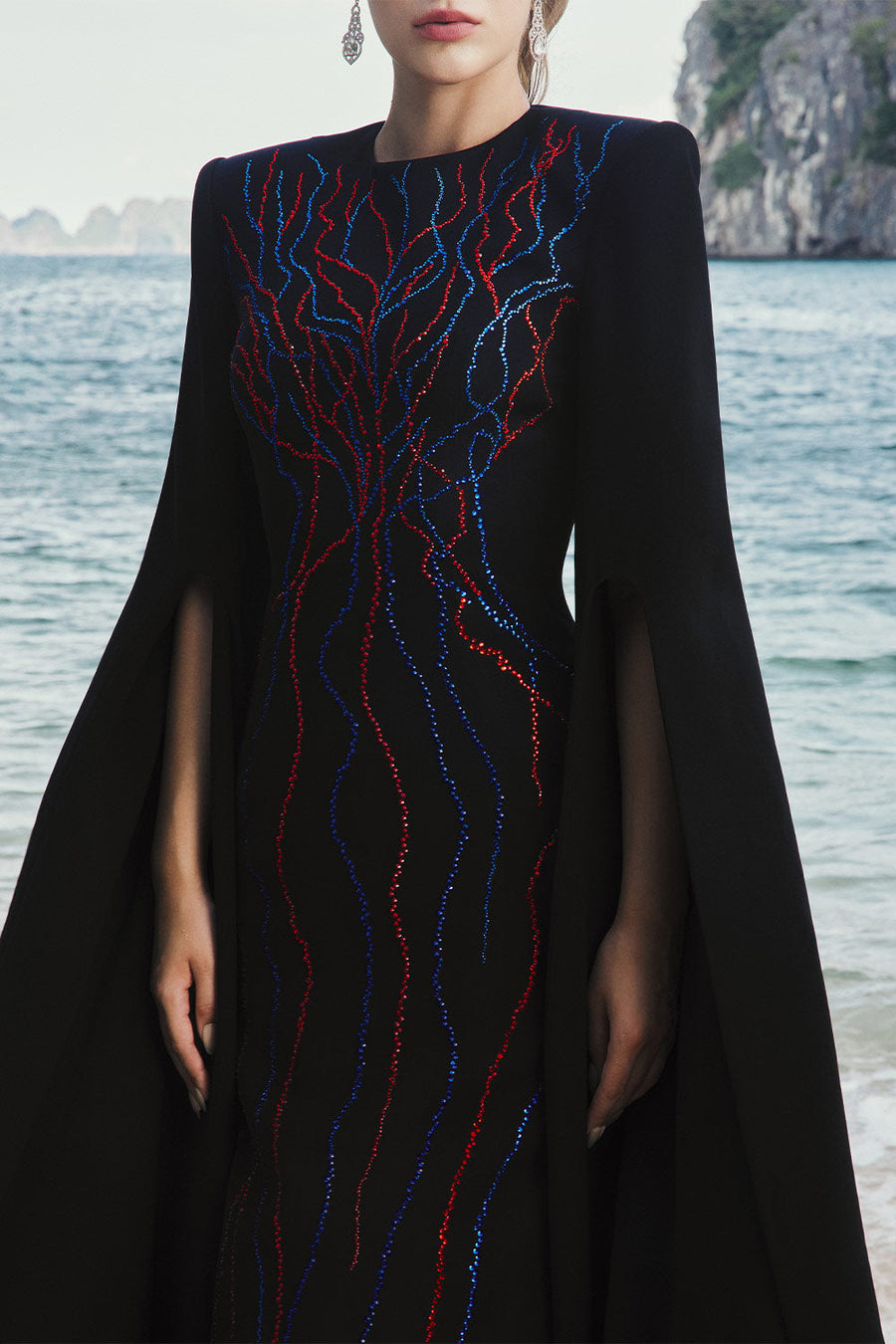Camille Sheath Slit Sleeved Velvet Satin Floor Length Dress 2