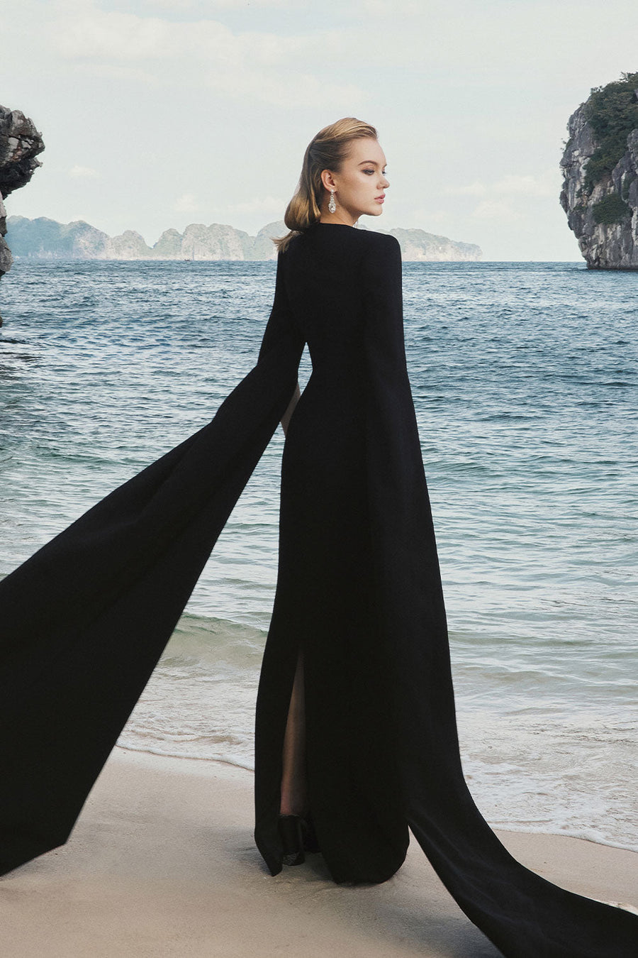 Camille Sheath Slit Sleeved Velvet Satin Floor Length Dress 4