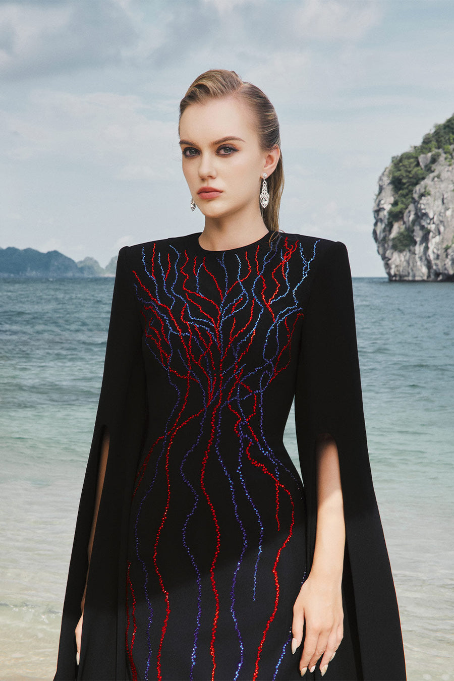 Camille Sheath Slit Sleeved Velvet Satin Floor Length Dress 3