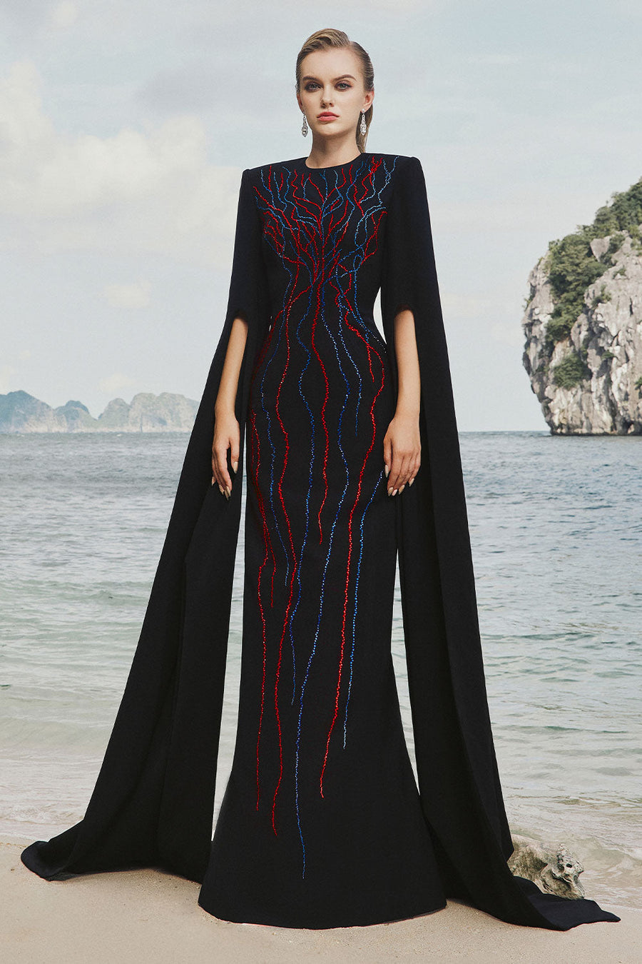 Camille Sheath Slit Sleeved Velvet Satin Floor Length Dress 1