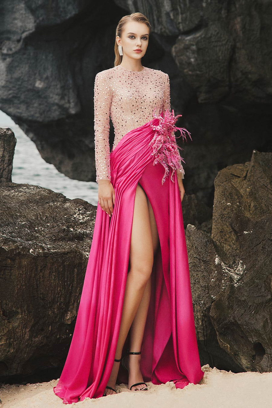 Ila Slit Sequin Duchess Satin Floor Length Dress 1
