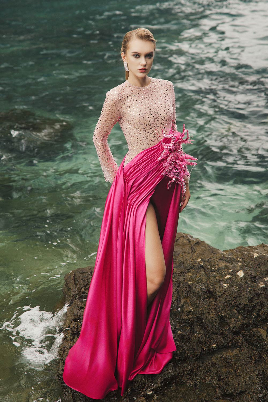 Ila Slit Sequin Duchess Satin Floor Length Dress 3
