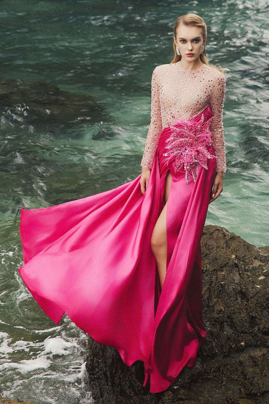 Ila Slit Sequin Duchess Satin Floor Length Dress 5