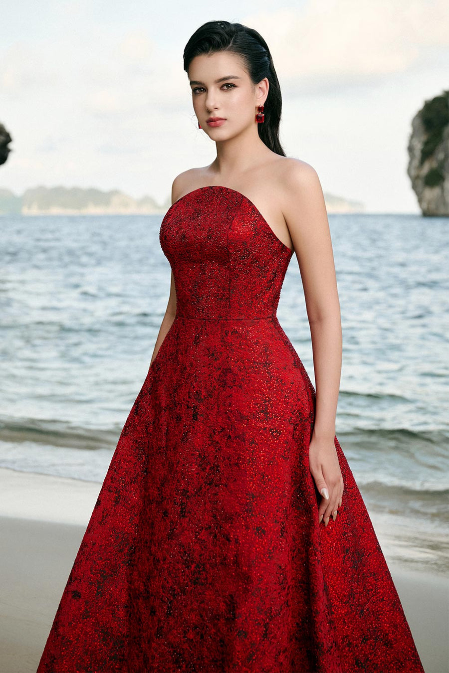 Angelique A-line Curved Neck Brocade Floor Length Dress 3