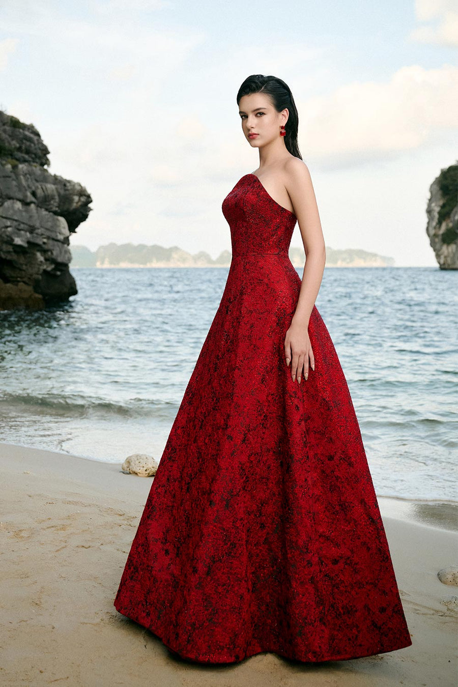 Angelique A-line Curved Neck Brocade Floor Length Dress 5