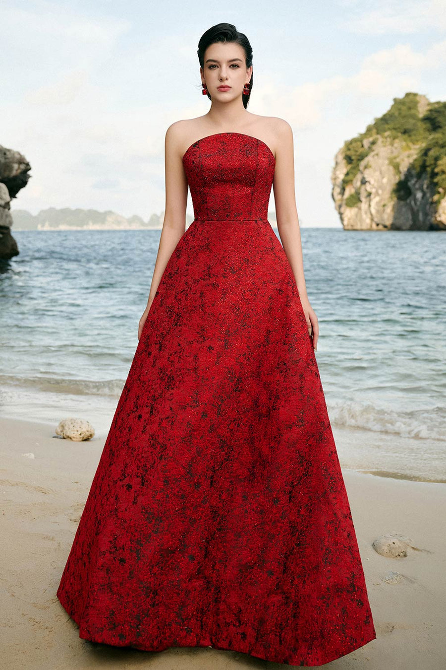 Angelique A-line Curved Neck Brocade Floor Length Dress 1