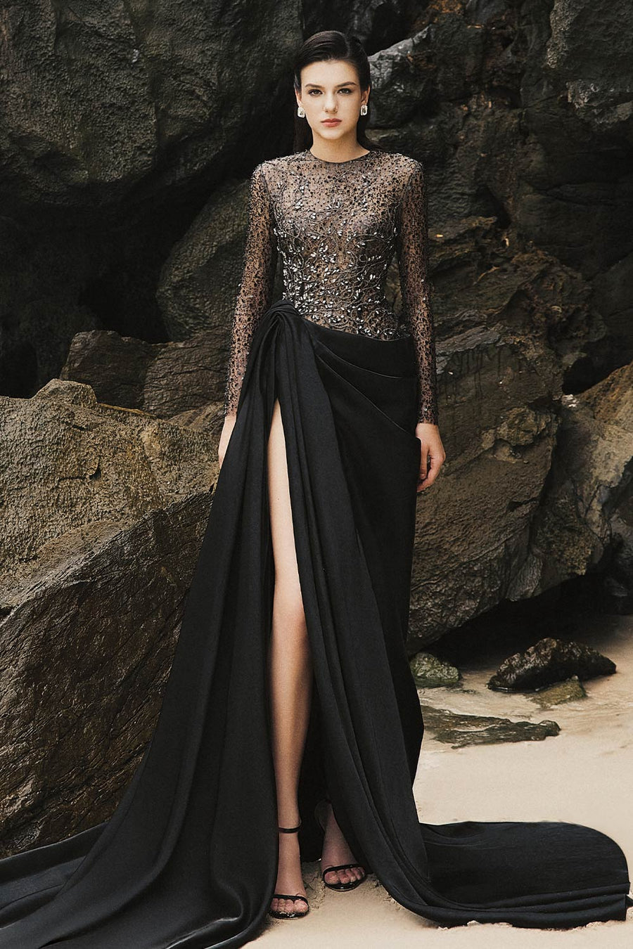Myra Slit See-Through Taffeta Extra Long Length Dress 1
