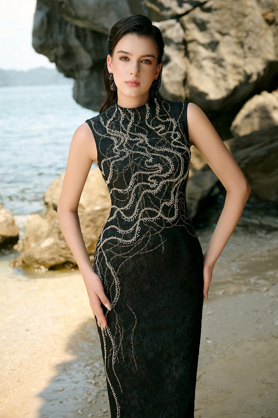 Marlee Pencil Mock Neck Brocade Floor Length Dress 4