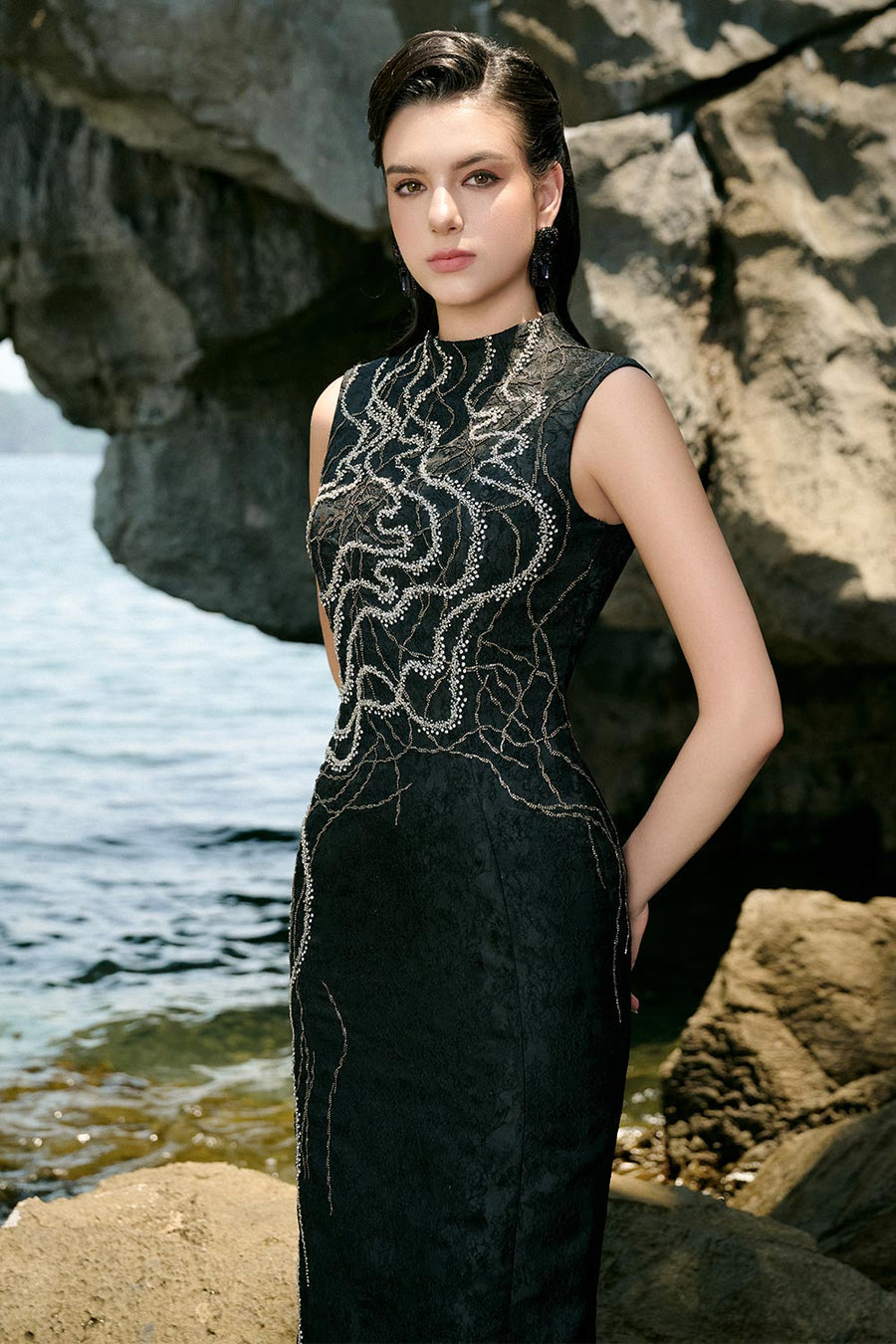Marlee Pencil Mock Neck Brocade Floor Length Dress 3