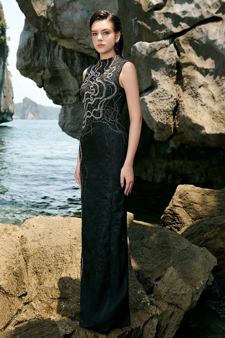 Marlee Pencil Mock Neck Brocade Floor Length Dress 5