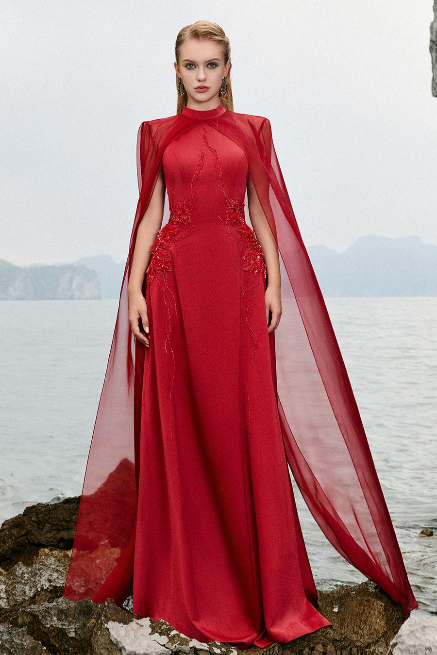 Veda A-line Cape Shoulder Silk Floor Length Dress 3