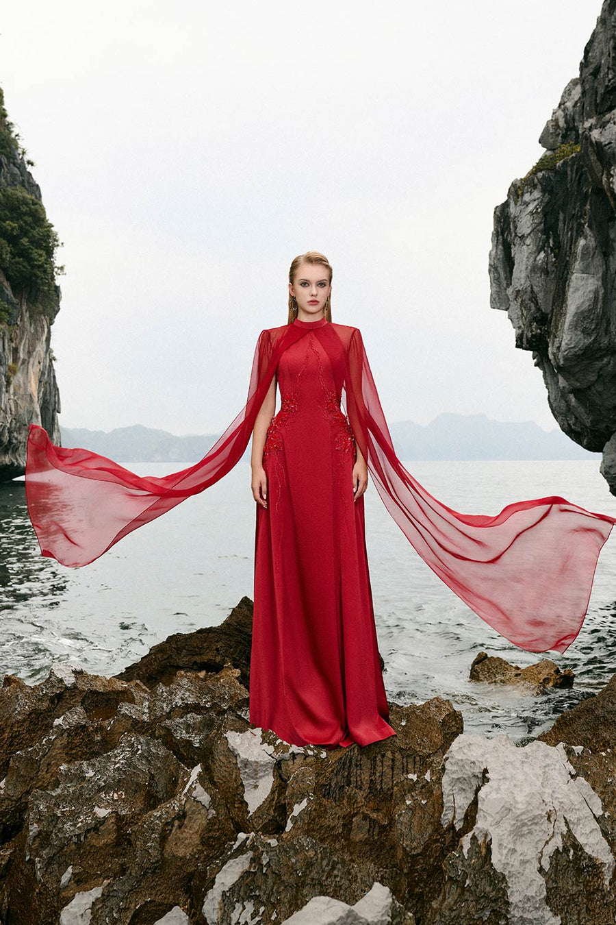 Veda A-line Cape Shoulder Silk Floor Length Dress 5