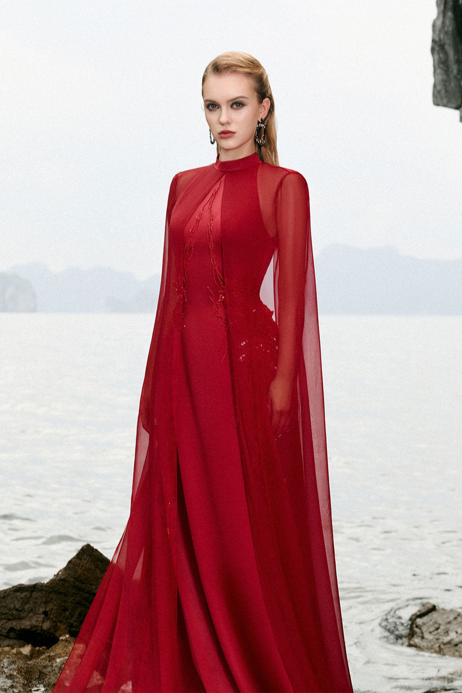 Veda A-line Cape Shoulder Silk Floor Length Dress 2