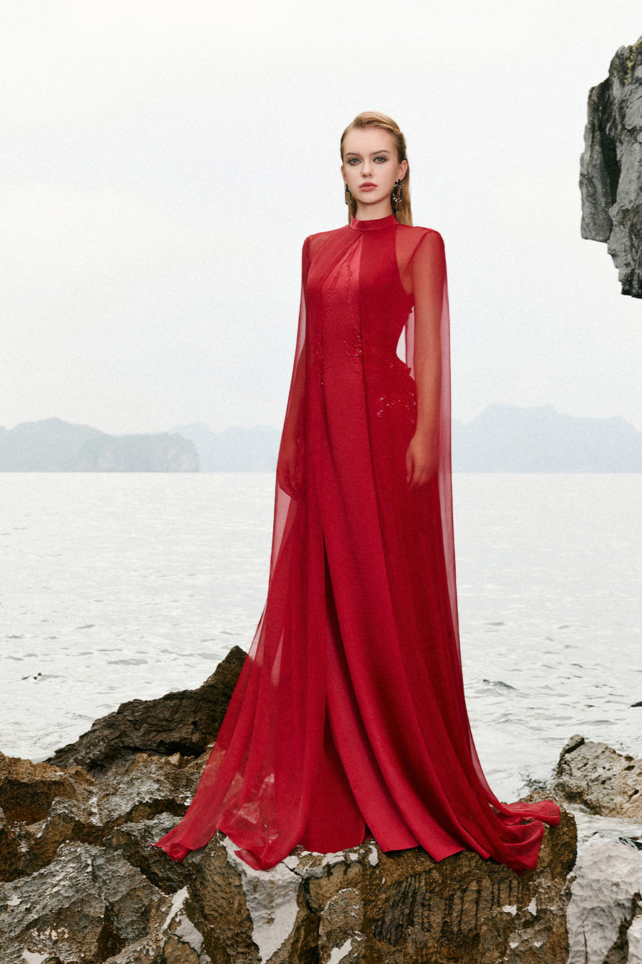 Veda A-line Cape Shoulder Silk Floor Length Dress 4