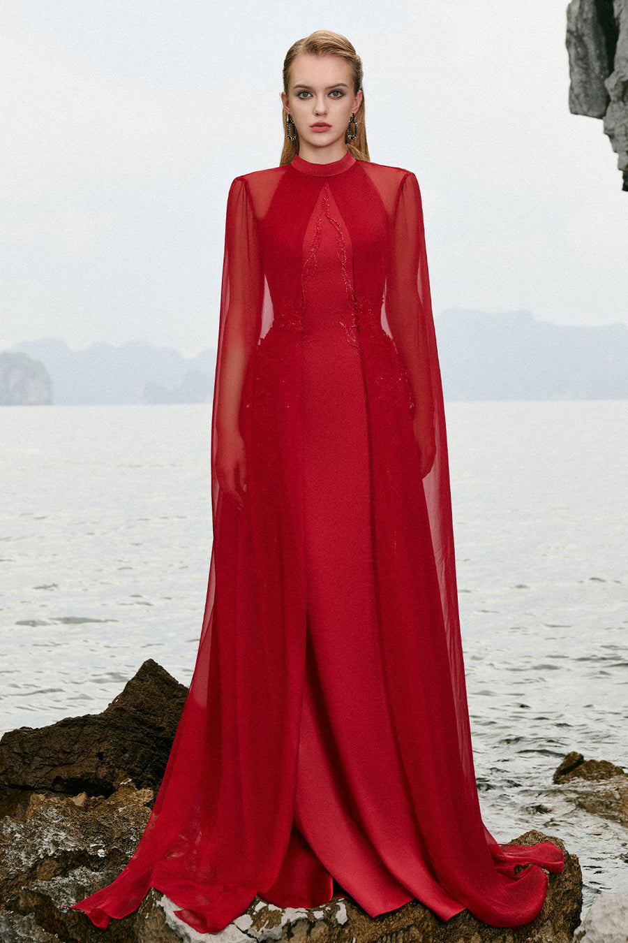 Veda A-line Cape Shoulder Silk Floor Length Dress 1