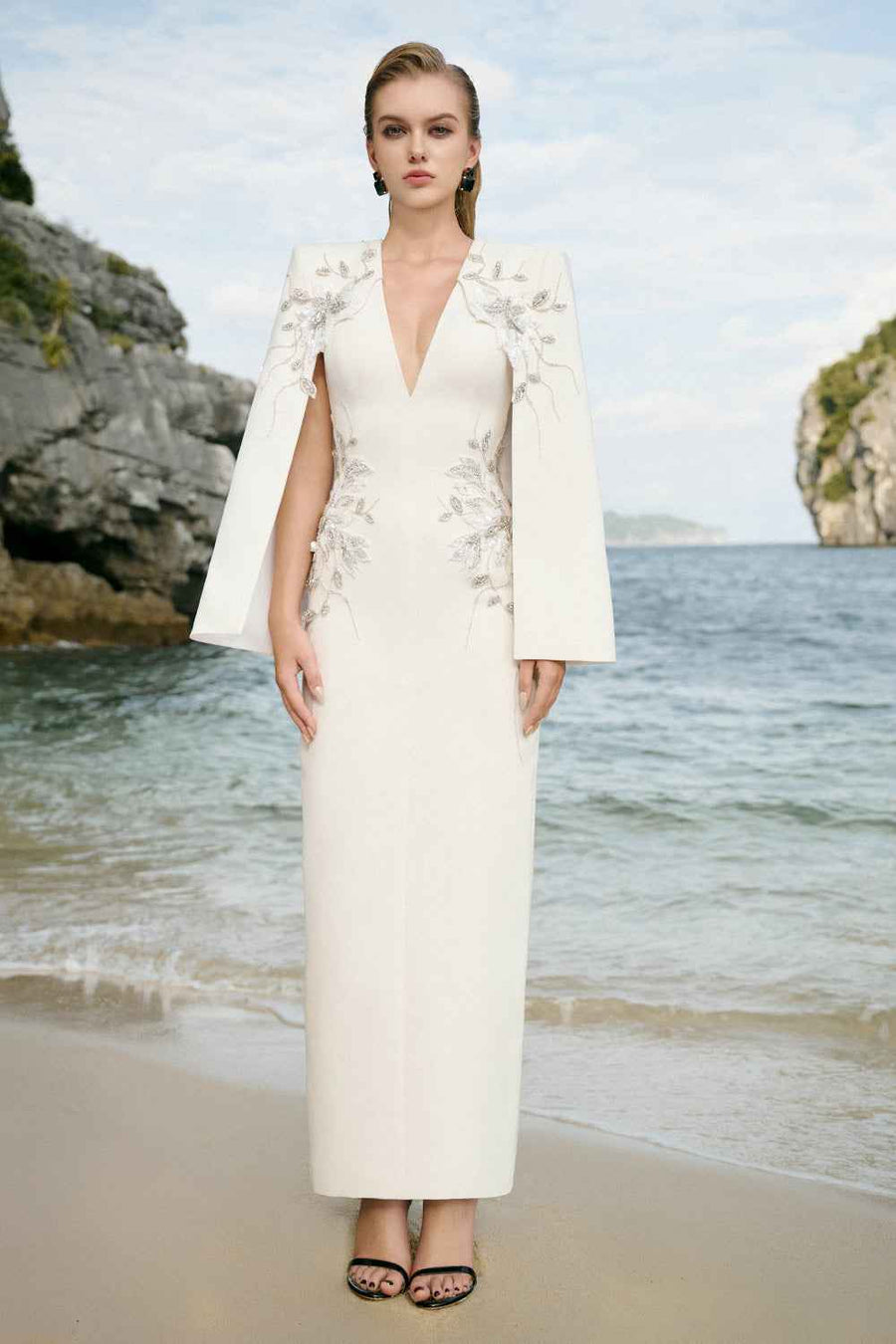 Jessica Sheath Cape Sleeved Velvet Satin Ankle Length Dress White Maxi Dress TRACY STUDIO