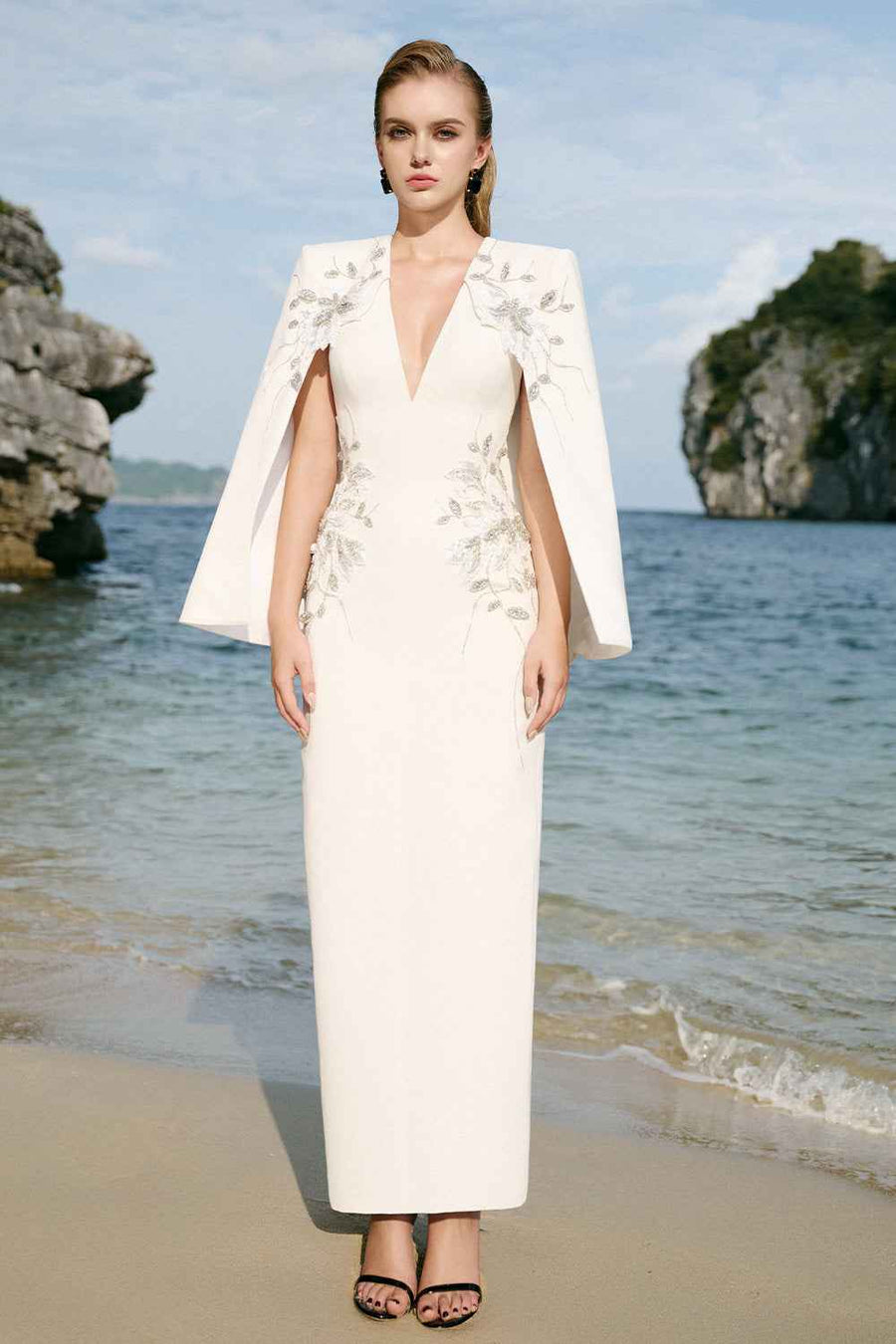 Jessica Sheath Cape Sleeved Velvet Satin Ankle Length Dress Maxi Dress TRACY STUDIO