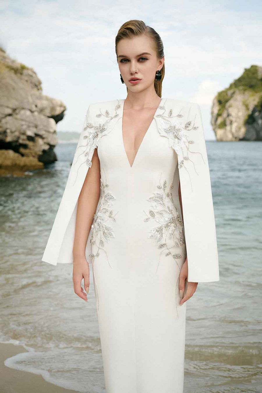Jessica Sheath Cape Sleeved Velvet Satin Ankle Length Dress Maxi Dress TRACY STUDIO