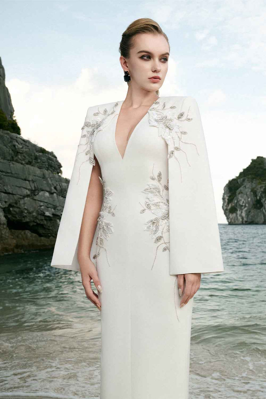 Jessica Sheath Cape Sleeved Velvet Satin Ankle Length Dress Maxi Dress TRACY STUDIO