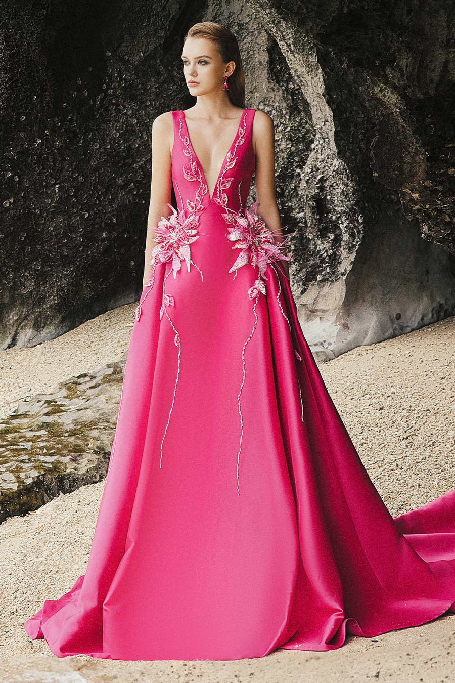 Rose Ball Gown Plunge Neck Taffeta Extra Long Length Dress 1