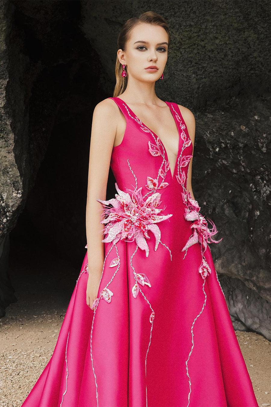Rose Ball Gown Plunge Neck Taffeta Extra Long Length Dress 2