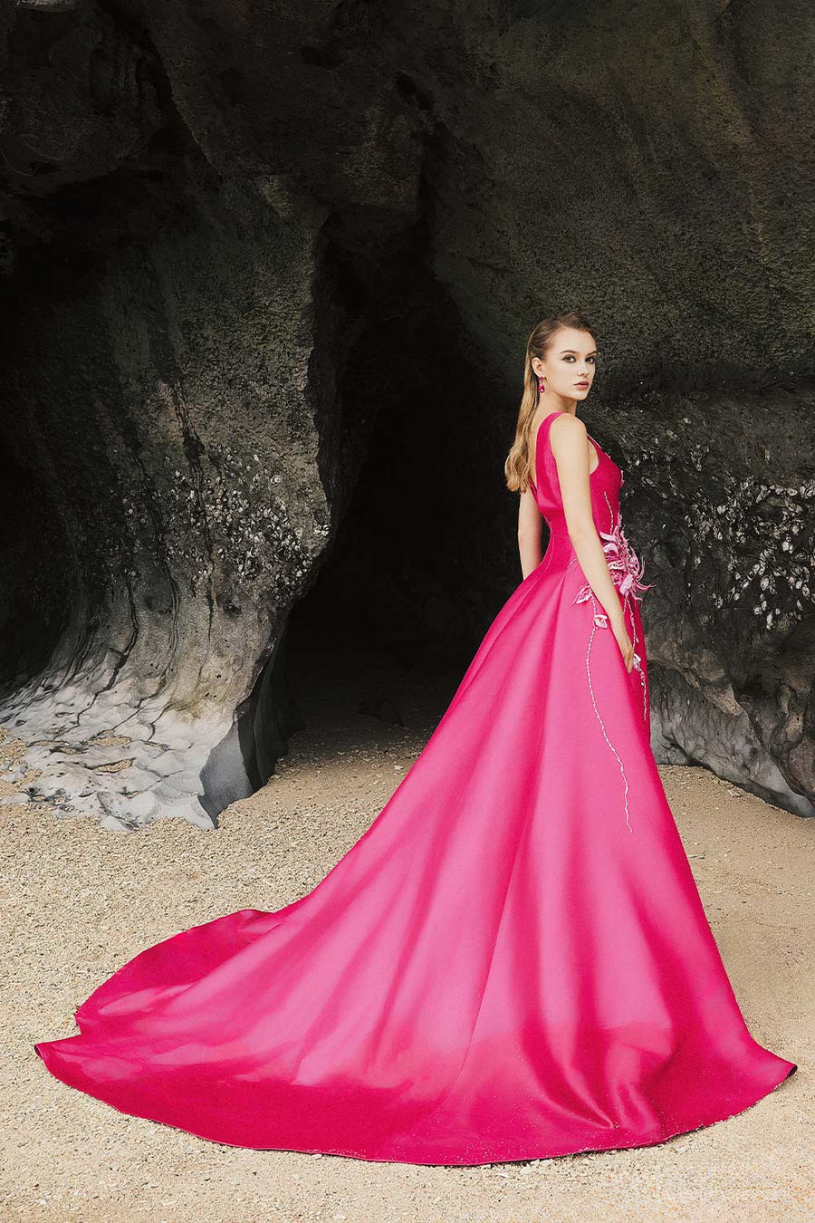 Rose Ball Gown Plunge Neck Taffeta Extra Long Length Dress 3
