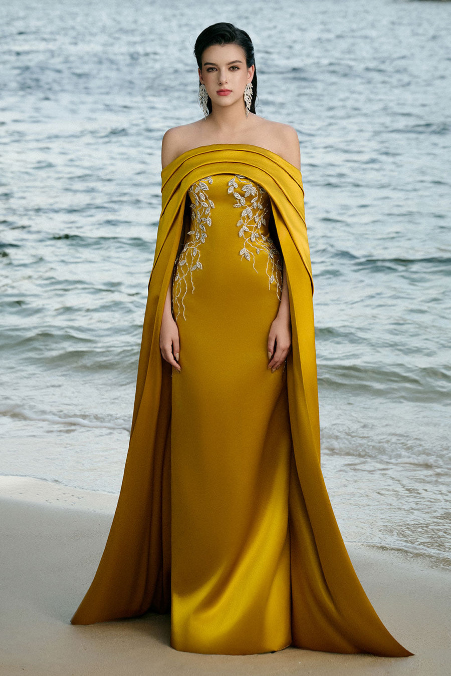 Juliet Cape Off-Shoulder Duchess Satin Floor Length Dress 1