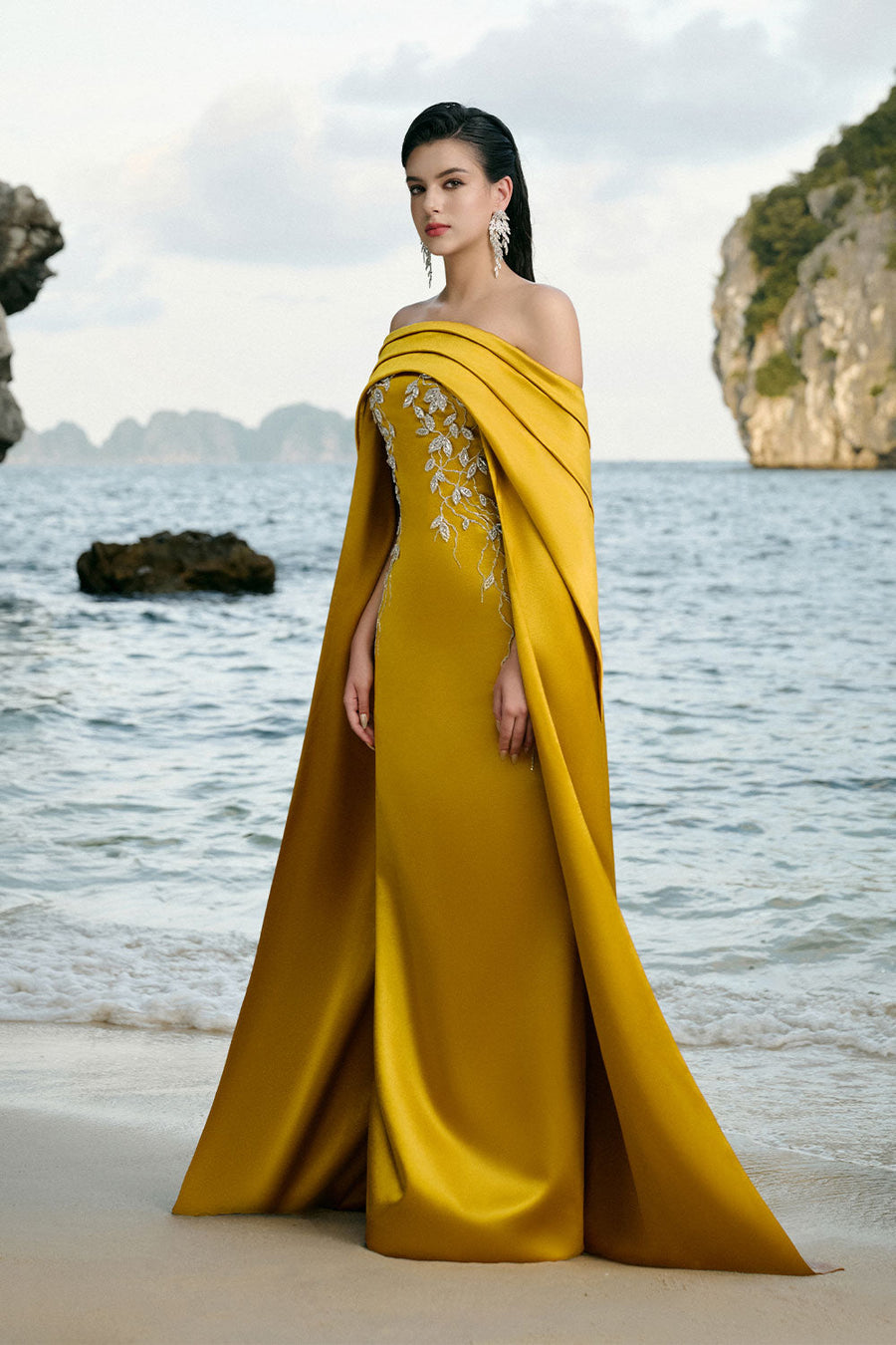 Juliet Cape Off-Shoulder Duchess Satin Floor Length Dress 6