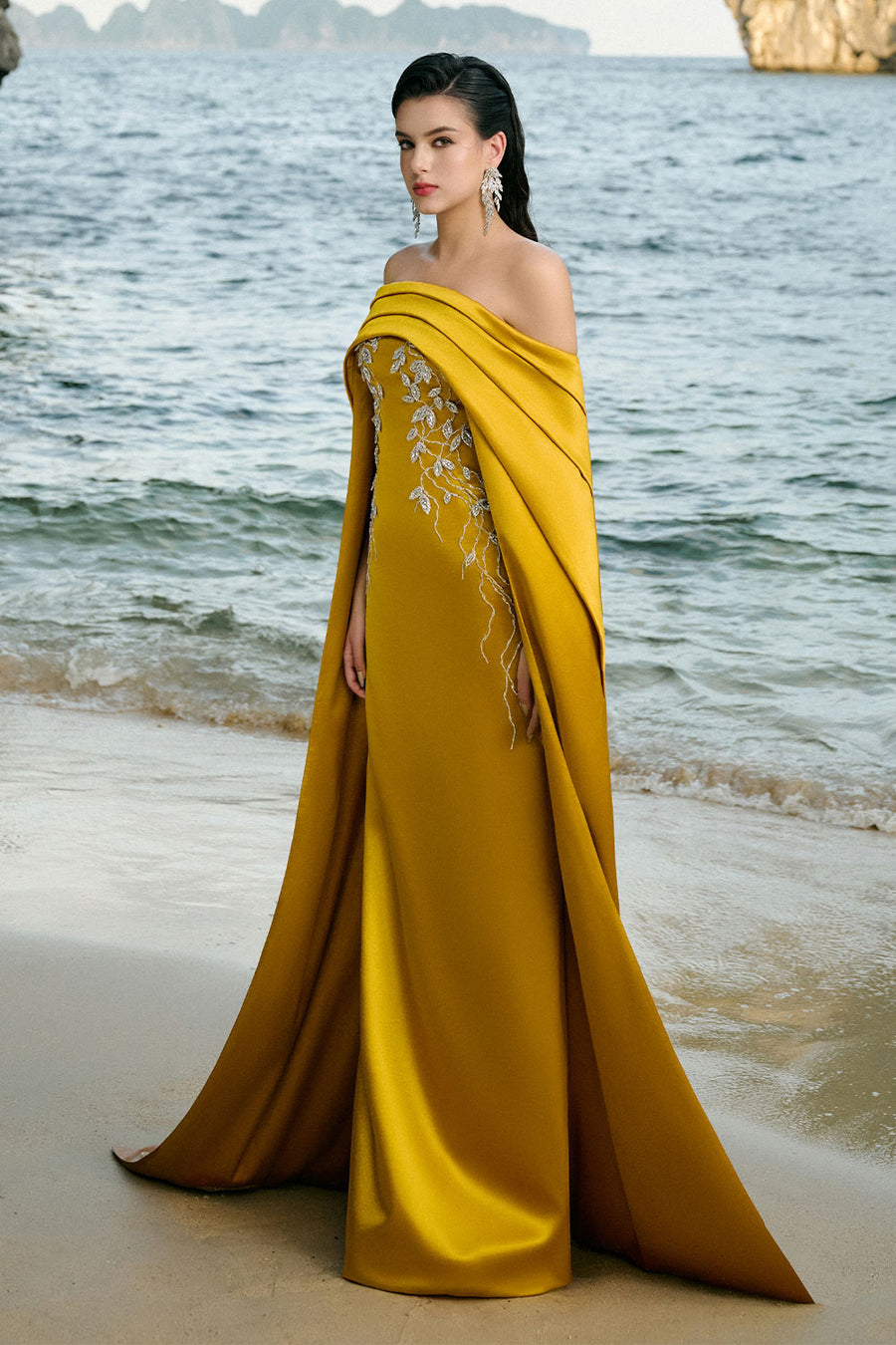 Juliet Cape Off-Shoulder Duchess Satin Floor Length Dress 7