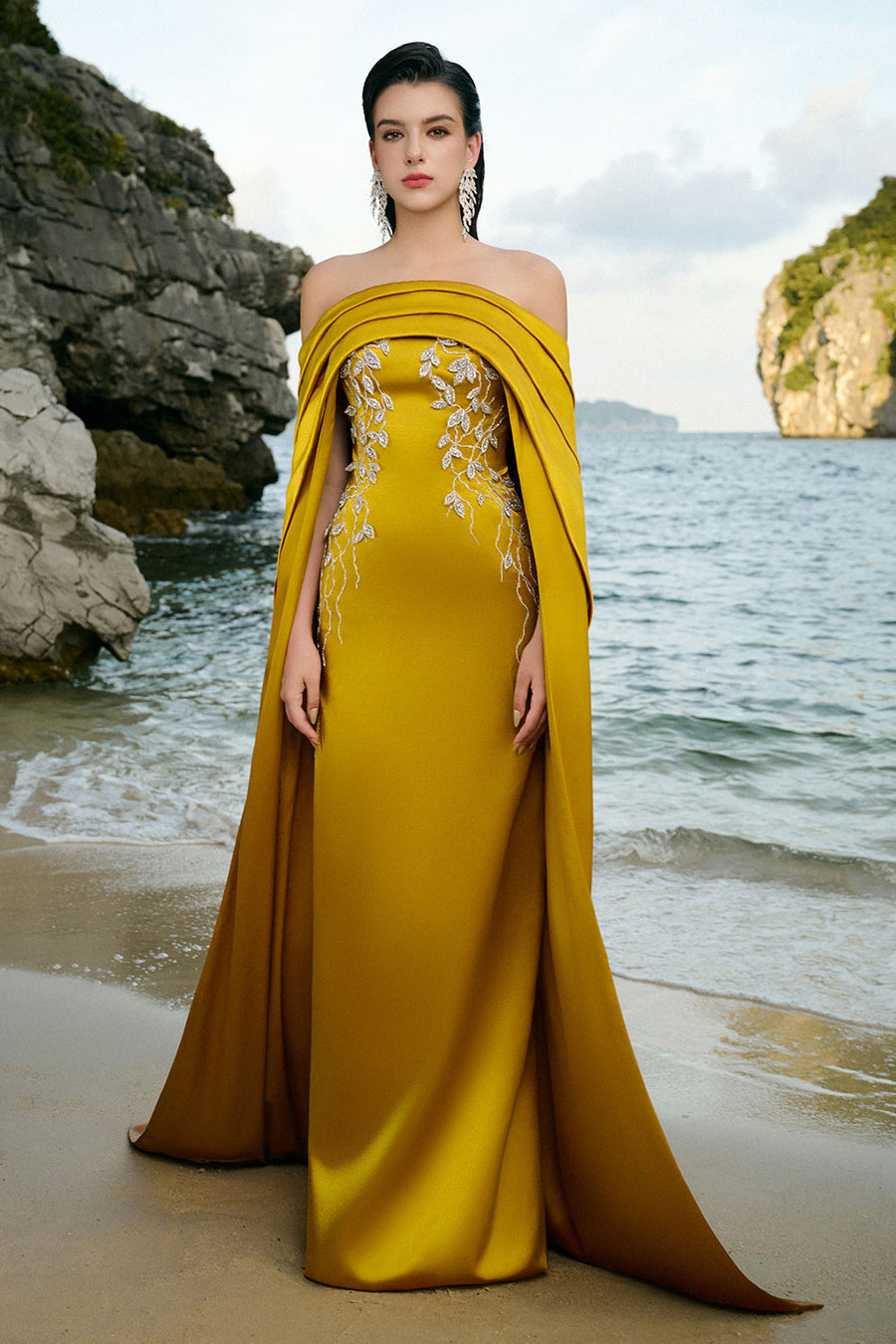 Juliet Cape Off-Shoulder Duchess Satin Floor Length Dress 5