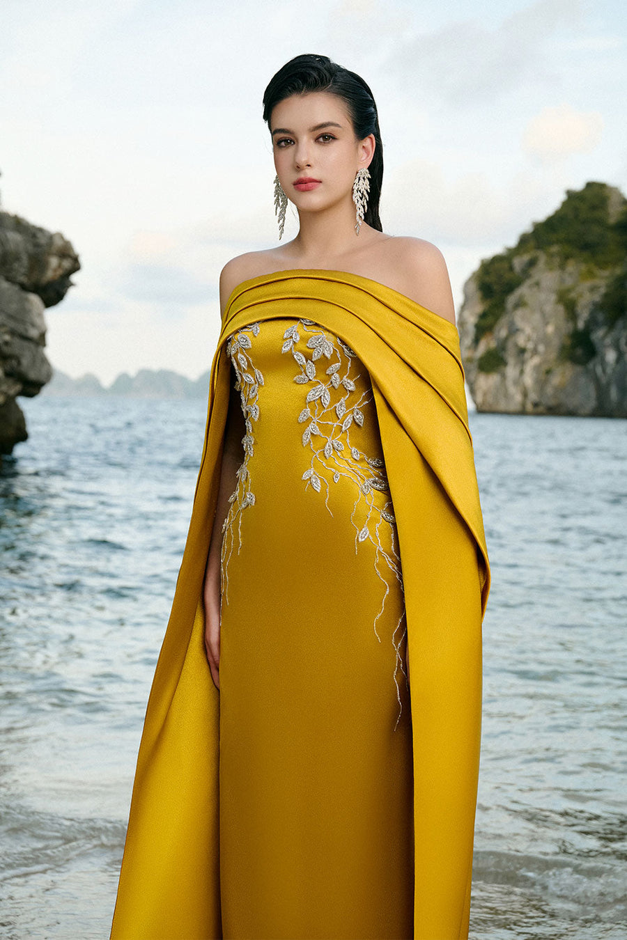 Juliet Cape Off-Shoulder Duchess Satin Floor Length Dress 4