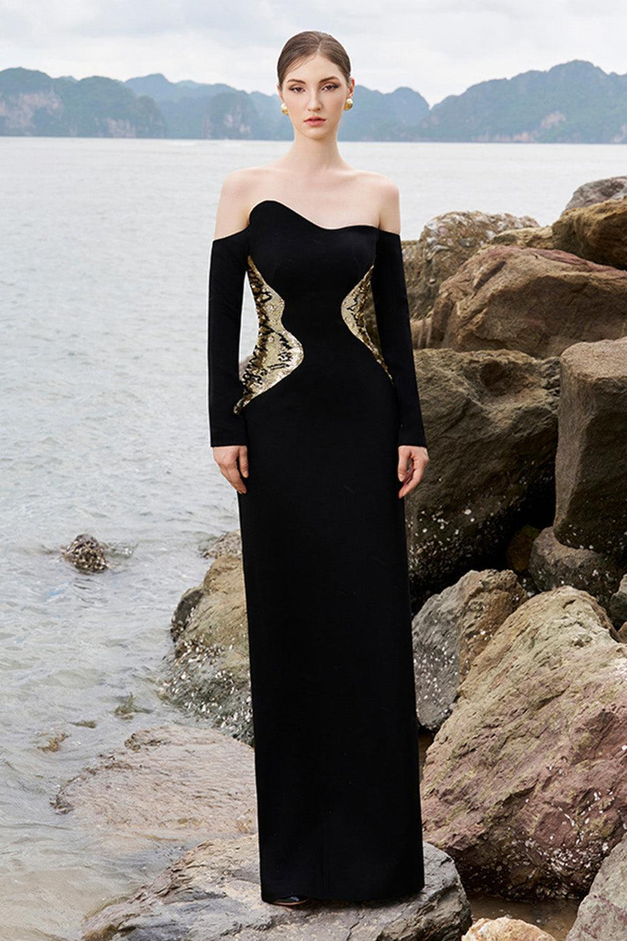 Hughes Sheath Curved Neck Crepe Floor Length Dress 7