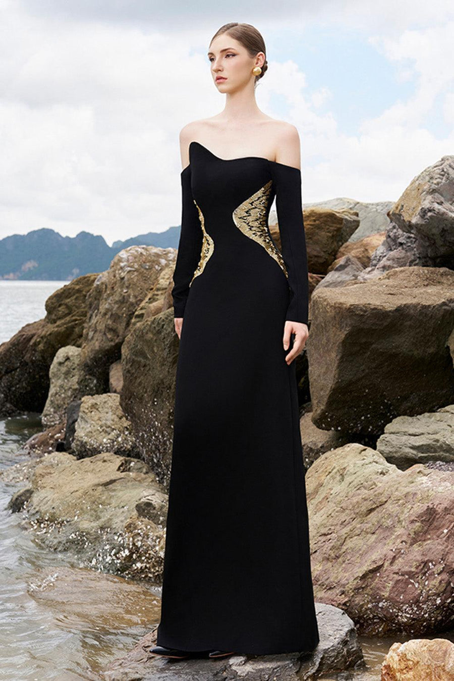 Hughes Sheath Curved Neck Crepe Floor Length Dress 6
