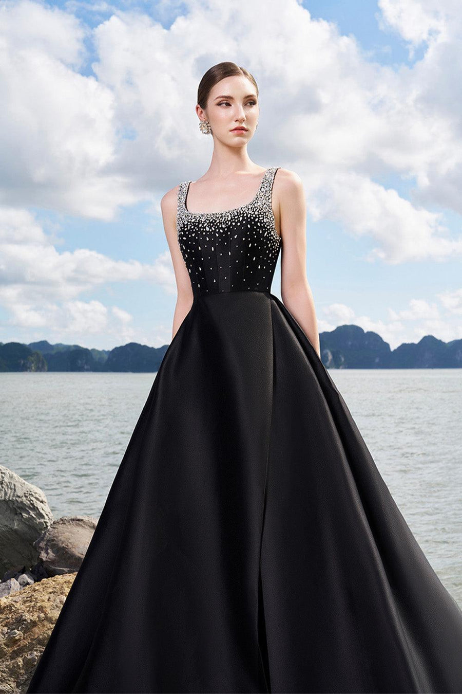 Isaiah Ball Gown Square Neck Crepe Floor Length Dress 5