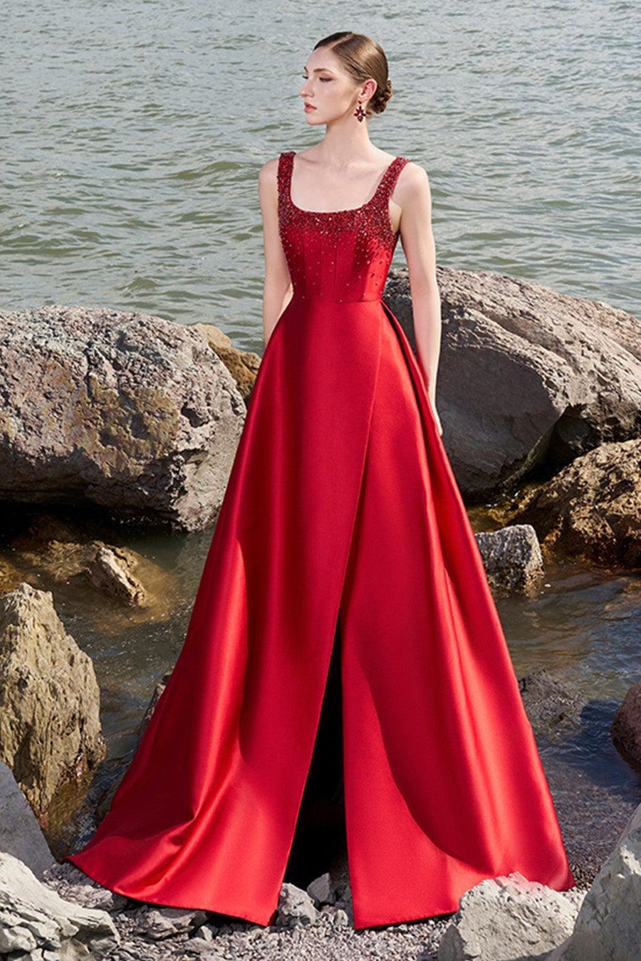 Isaiah Ball Gown Square Neck Crepe Floor Length Dress 19