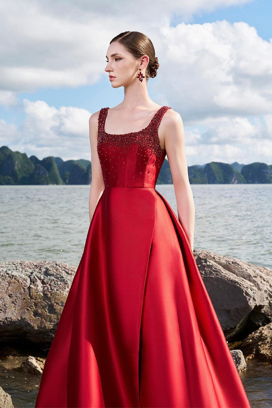 Isaiah Ball Gown Square Neck Crepe Floor Length Dress 17